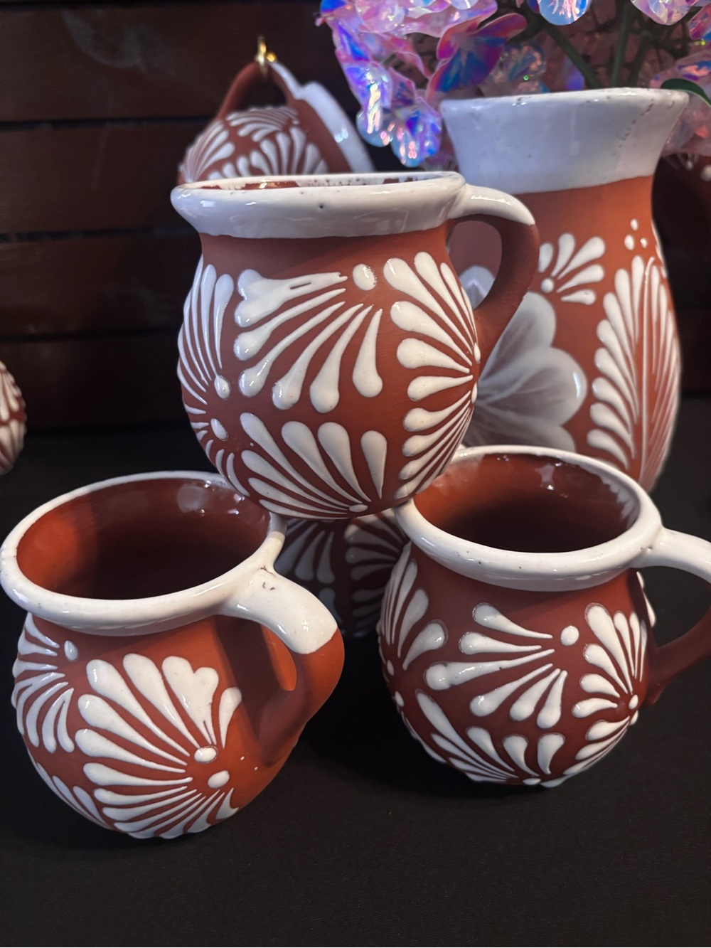 Handcrafted Terracotta White Floral Pitcher and Mugs - Home Art